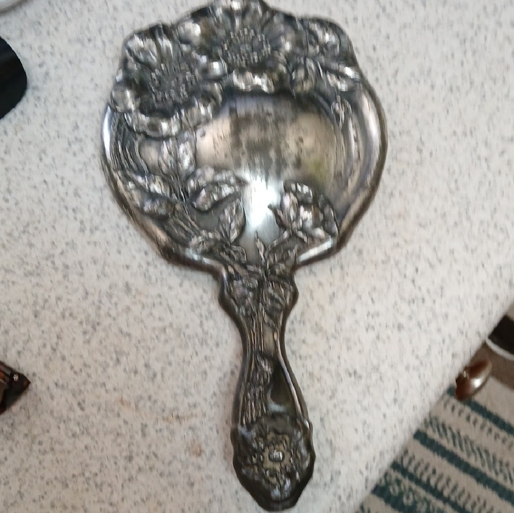 Ornate Floral Silver Plated Hand Mirror